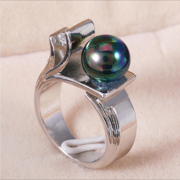 💋Gorgeous Sterling Silver Lux Black Rainbow Iridescent Tahitan Pearl & CZ ring - Picture 4 of 17